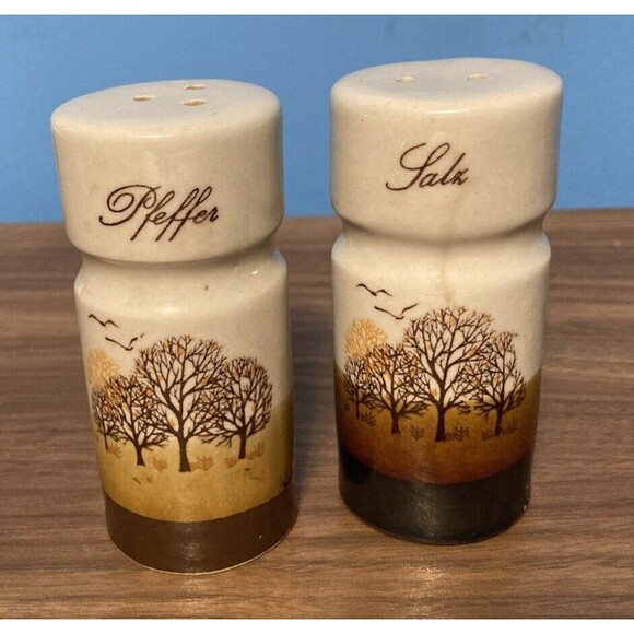 1970s Brown Tan Pottery Salt and Pepper Shakers Landscape Nature Vintage - Picture 1 of 8
